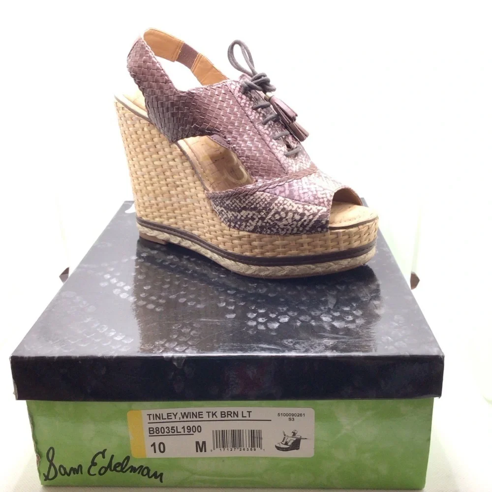 Sam Edelman Tinely Brown Snake Print Lace Up Platform Wedge Sandal Size 10M